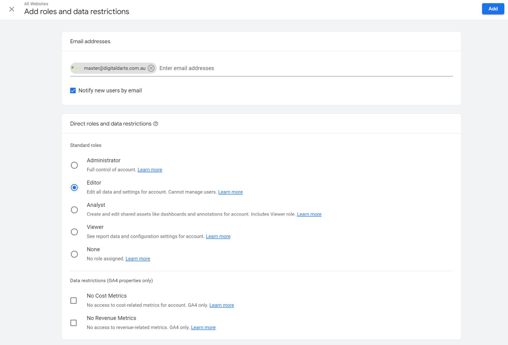 Add roles and data restrictions Google Analytics