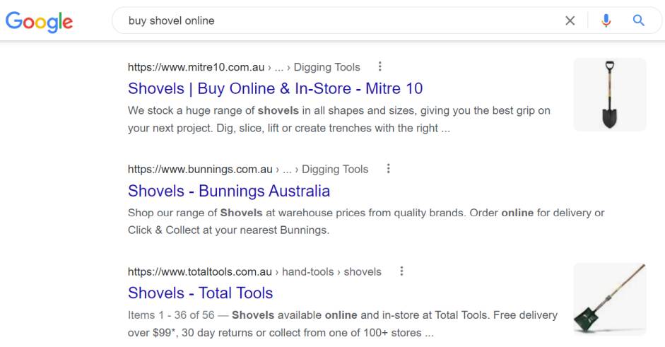 Search result example of titles and meta descriptions for shovels