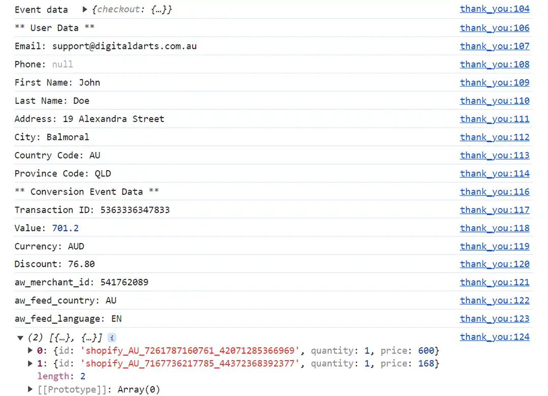 Console log output of Shopify customer events