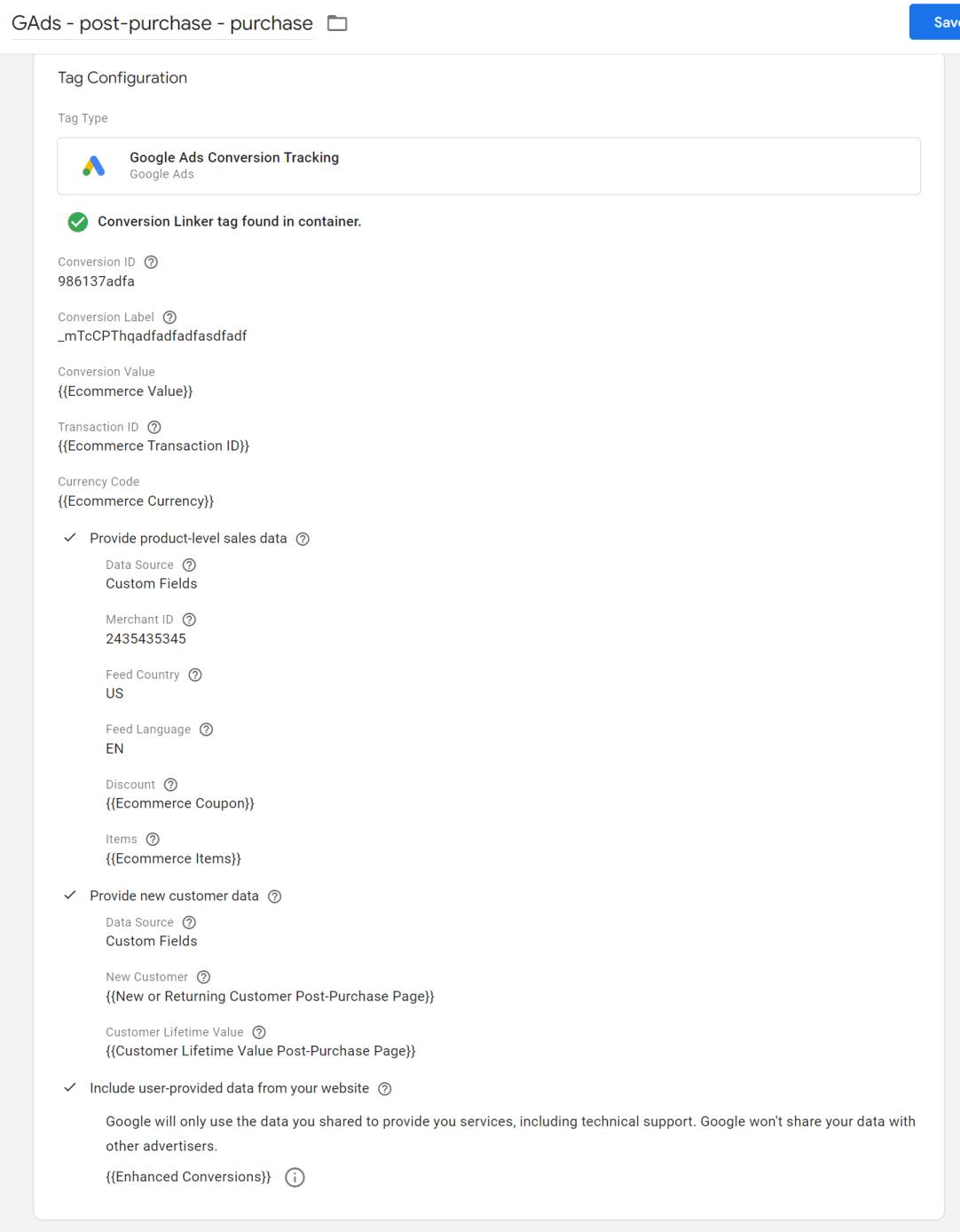 Google Tag Manager container for Google Ads in Shopify post-purchase page