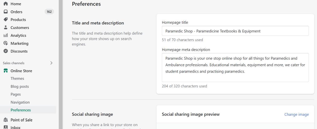 Edit Shopify title and meta description of the homepage