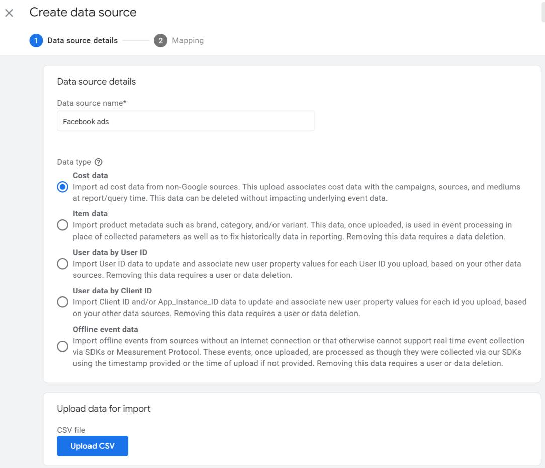 Create data source for costs data in Google Analytics 4