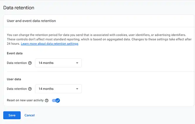 Data retention period in GA4