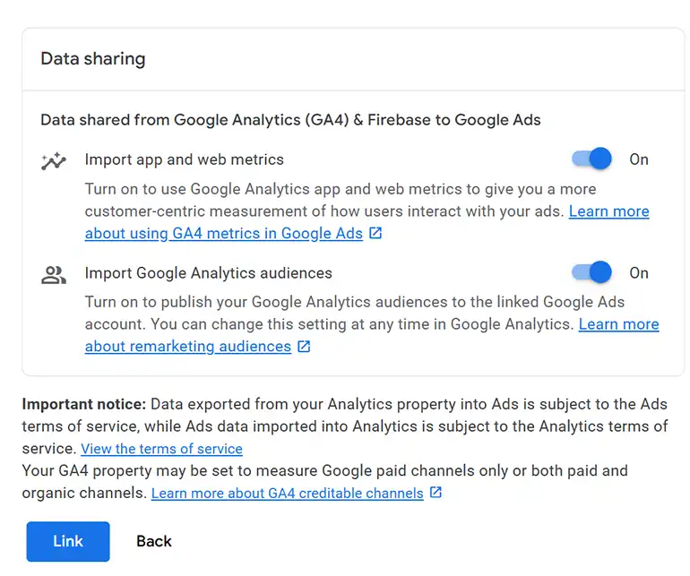 Data shared between Google Analytics and Google Ads