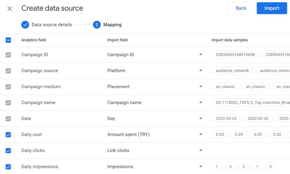 GA4 cost data mapping for Facebook ads in data source