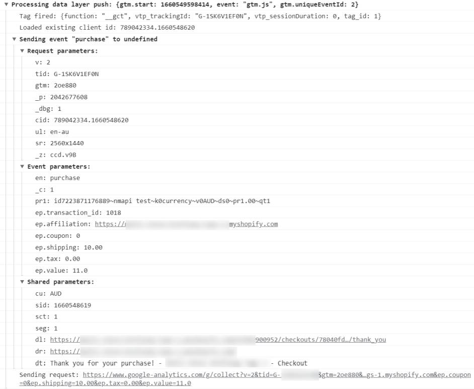 Google Analytics debugger ecommerce parameters