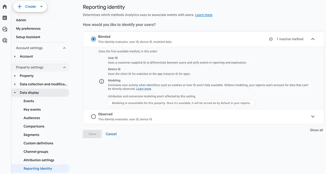 Google Analytics reporting identity blended