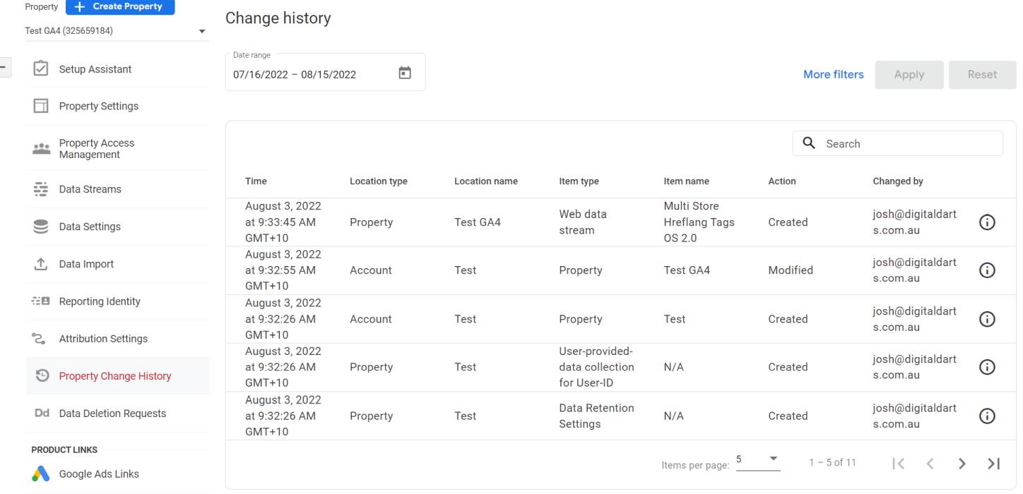 Property change history of Google Analytics