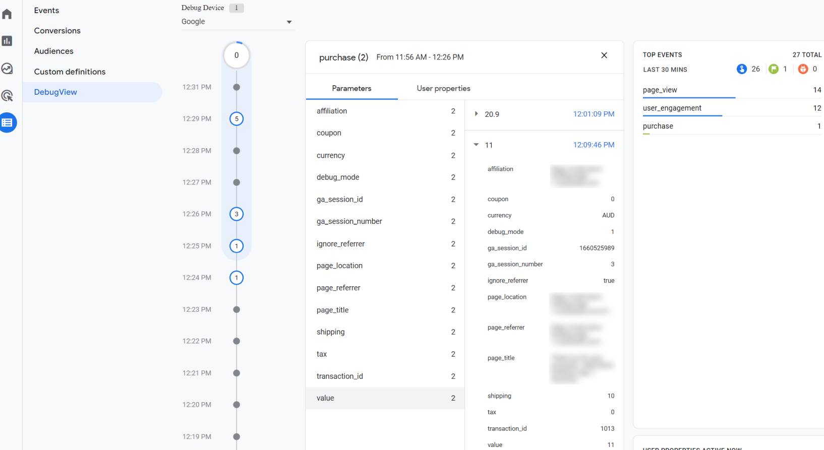 Shopify test purchase in GA4 debug mode