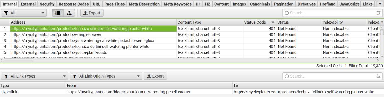 Locate the source of 404s in Shopify with Screaming Frog