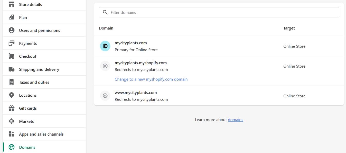 Shopify domains redirect