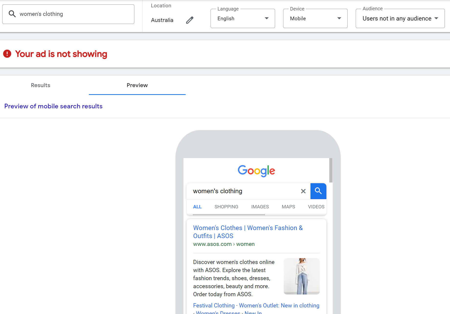Google Ad Preview and Diagnostics tool