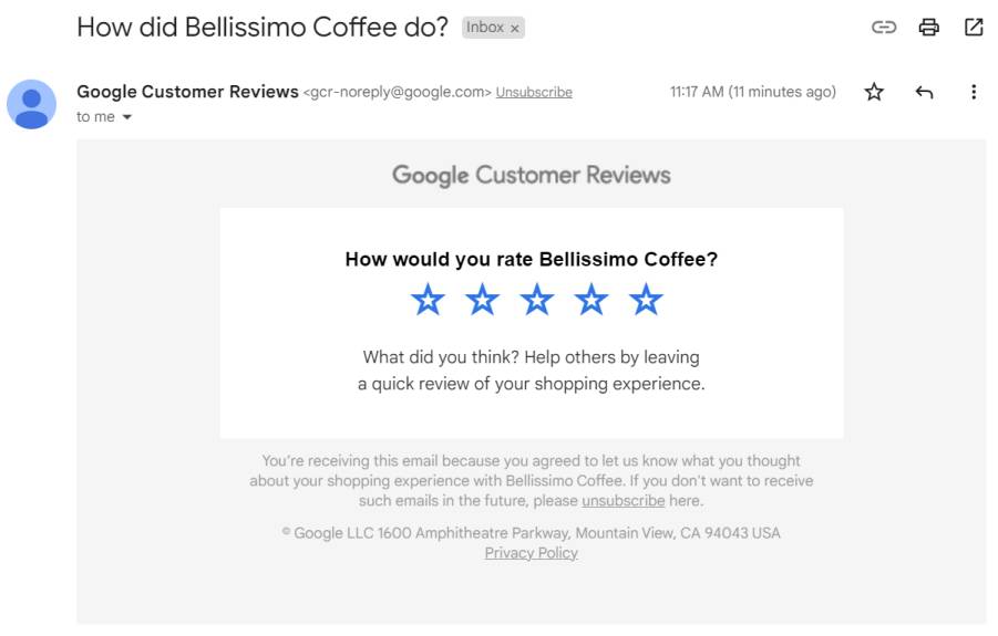 Google Customer Reviews email example