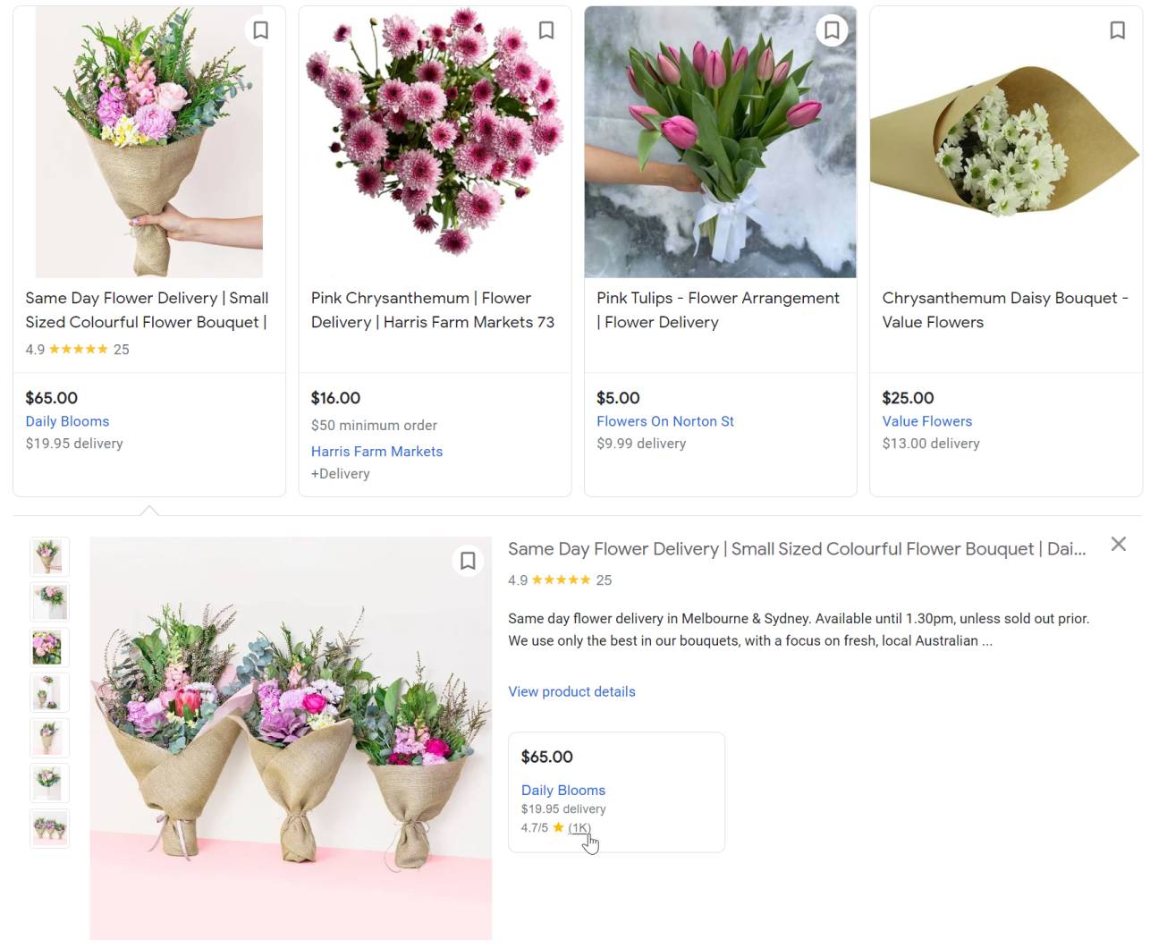 Google Customer Reviews example for flowers in shopping results