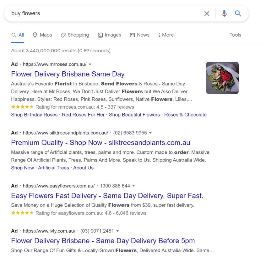 Google Customer Reviews example for the search term flowers