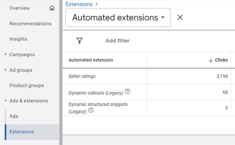 Seller ratings report in Google Ads extensions