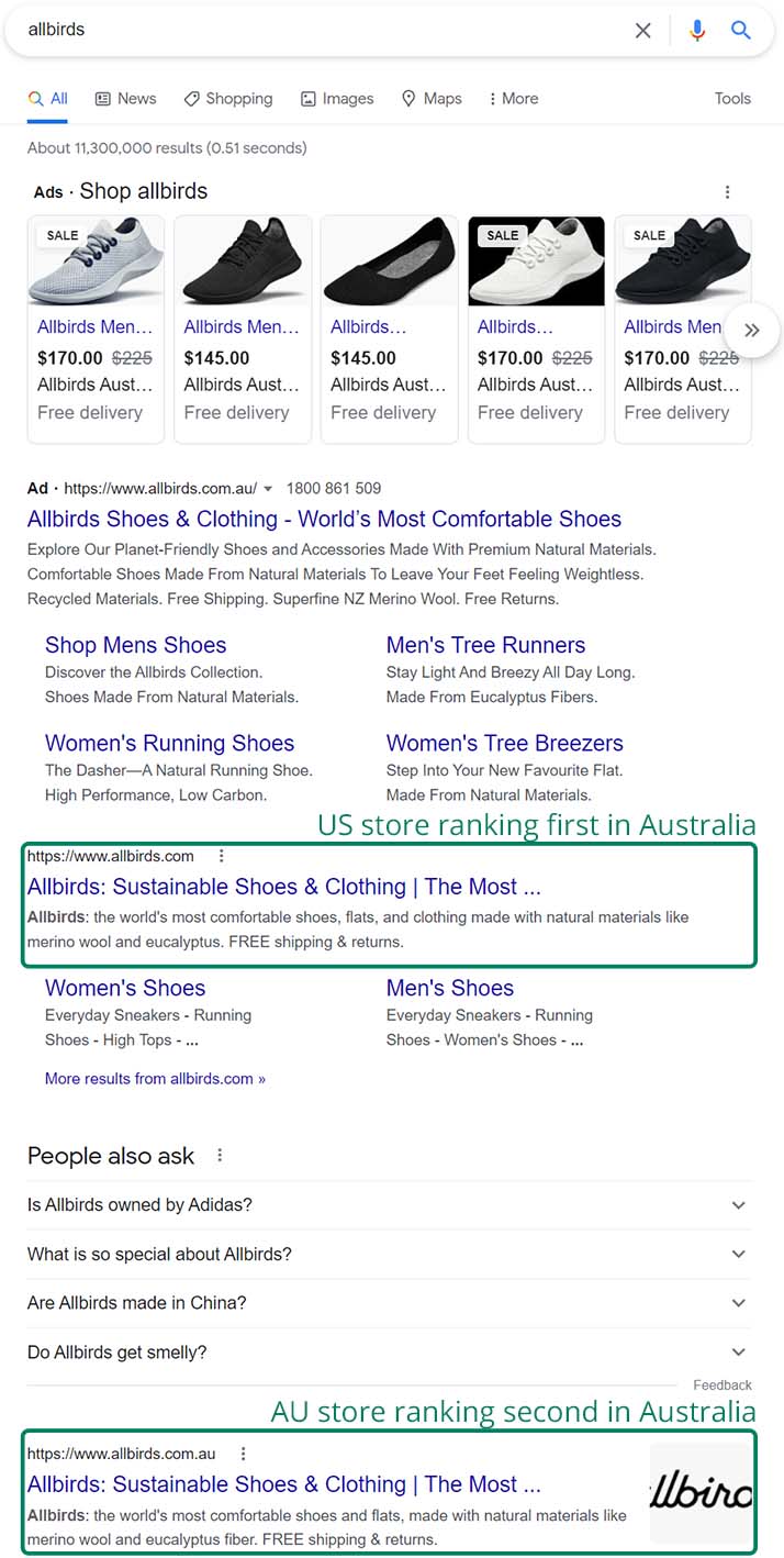 Allbirds brand search result in Google Australia