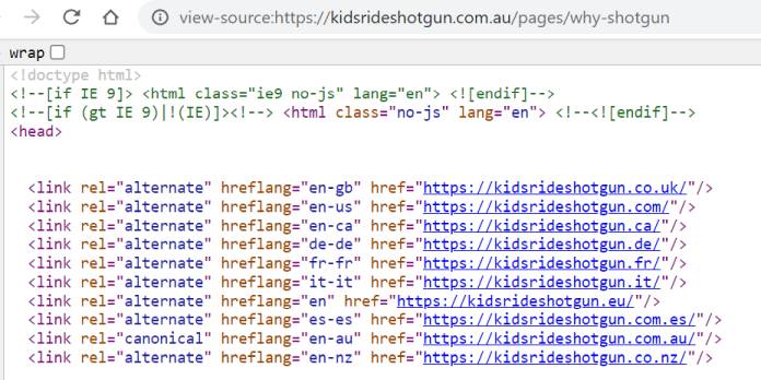 Kids Ride Shotgun hreflang tags pointing to homepage