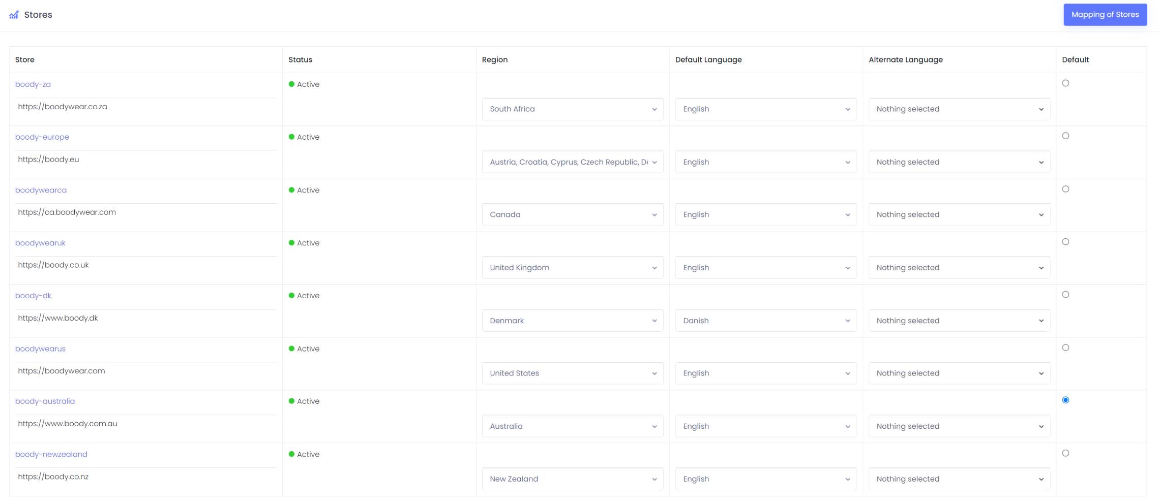 Language and region selection in the app