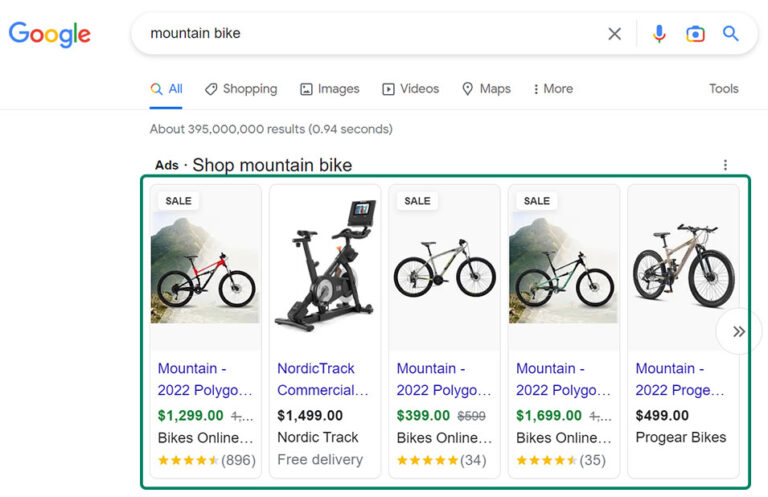 Example of Google Shopping Ads for mountain bikes