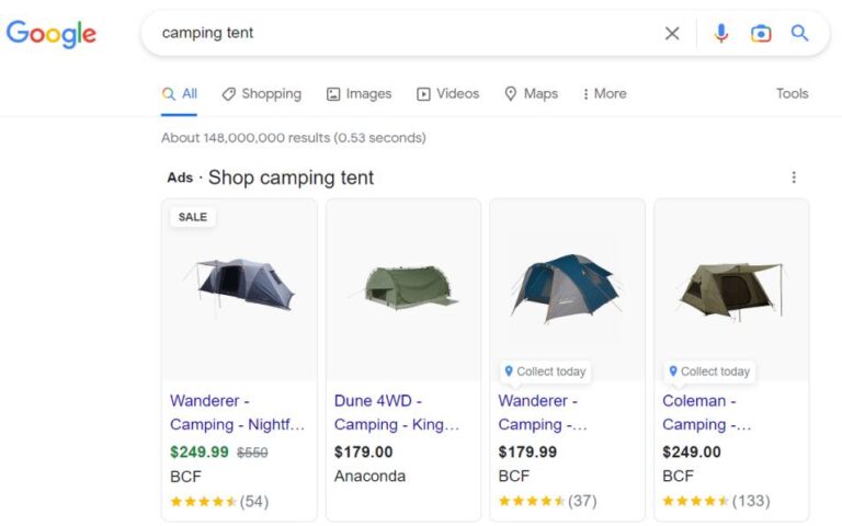 Google Search ad for shopping camping tent