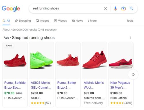 Search query of red running shoes in Google Shopping