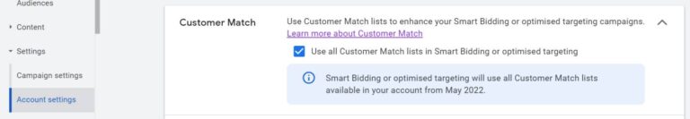 Customer Match setting for smart bidding