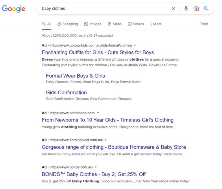 Google search ad for baby clothes