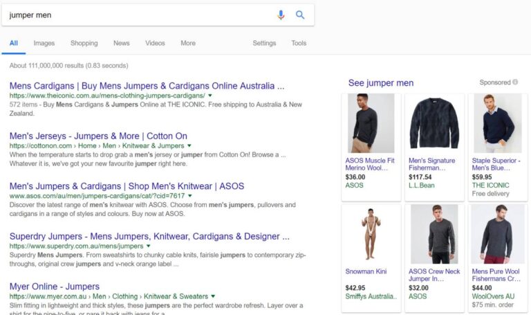 Search query with funny irrelevant shopping ad