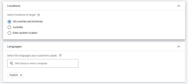 Country and language settings for Google Ads campaign setup