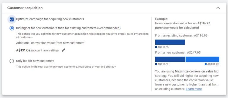 Performance Max new customer acquisition