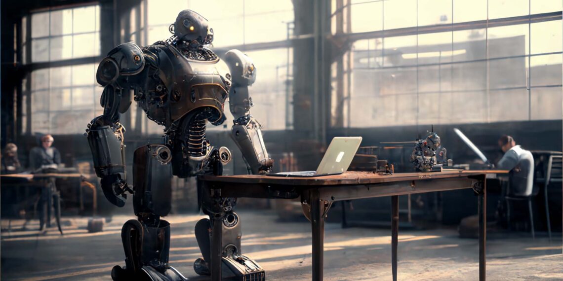 Robot AI working at a laptop running a Performance Max campaign