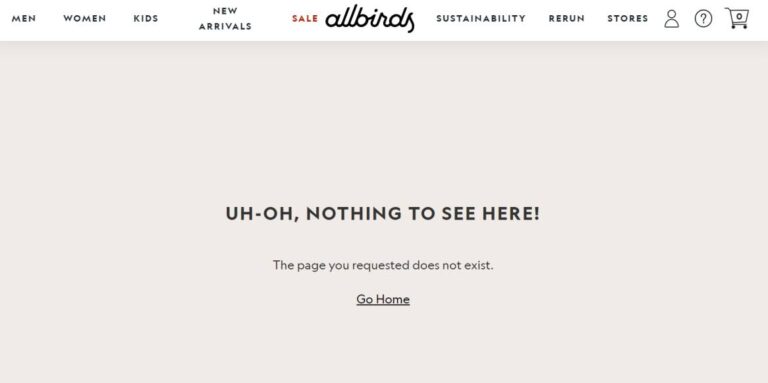 Allbirds bad 404 page