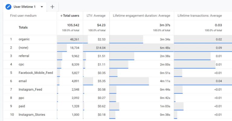 Google Analytics user lifetime report