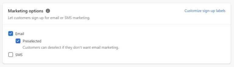 Shopify marketing emails for email and sms at checkout