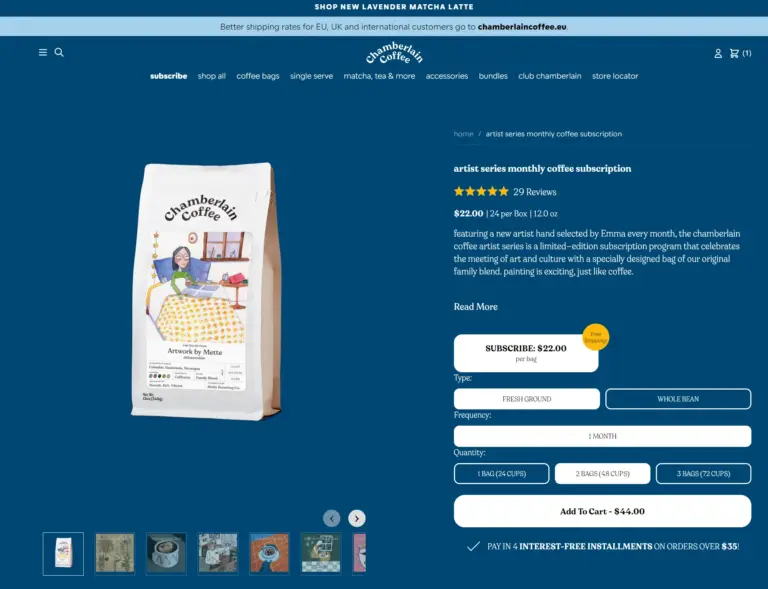 Chamberlain Coffee Subscription Service Example of Different Subscription Methods