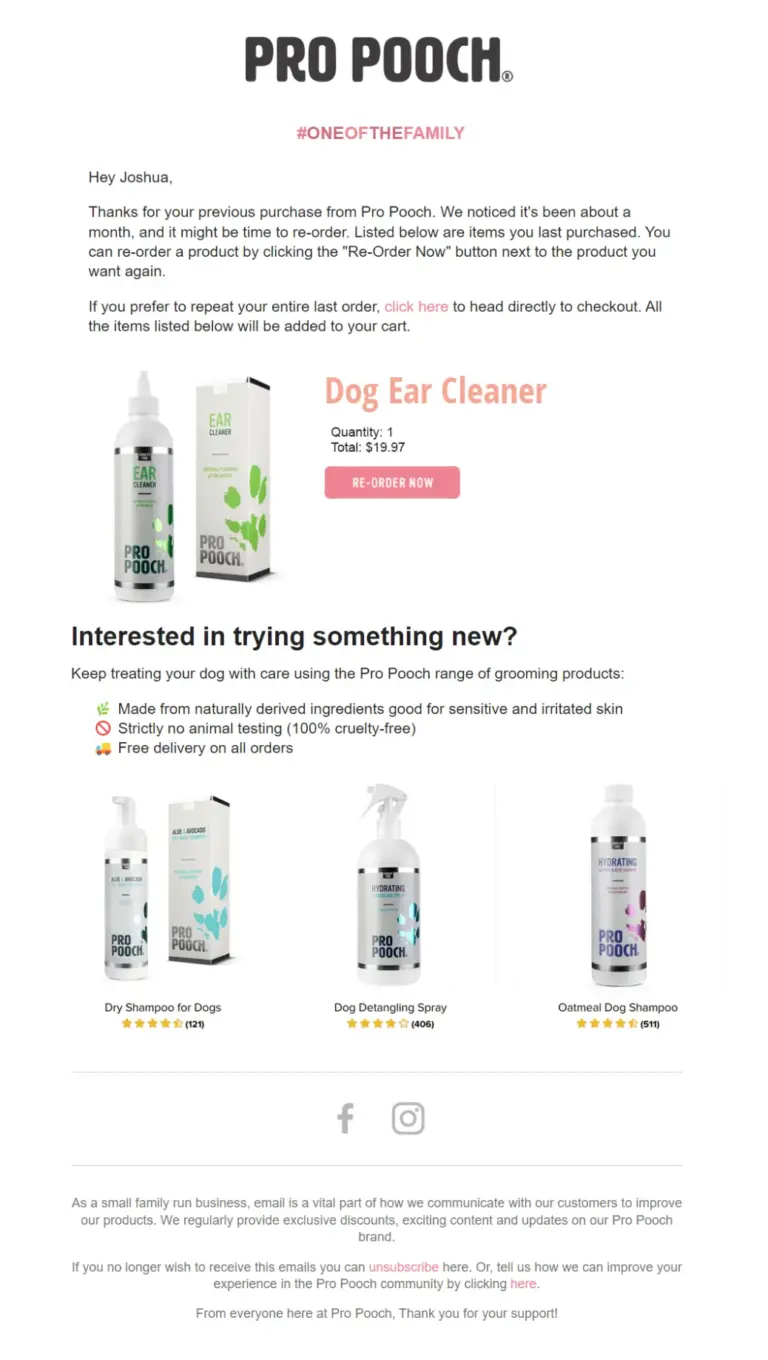 An email from a dog product company from a subscription list for a cross-sell or up sell