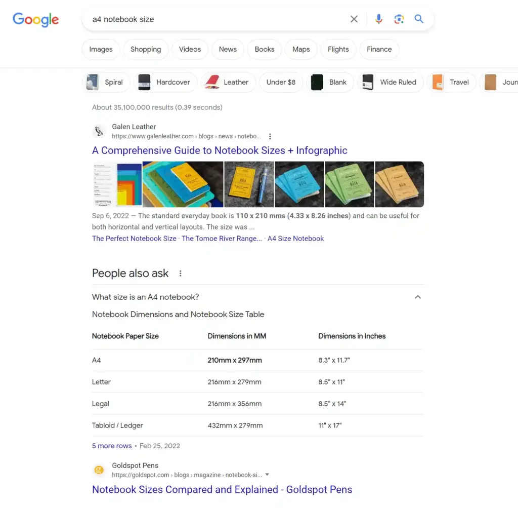 a4 notebook size first position serp result