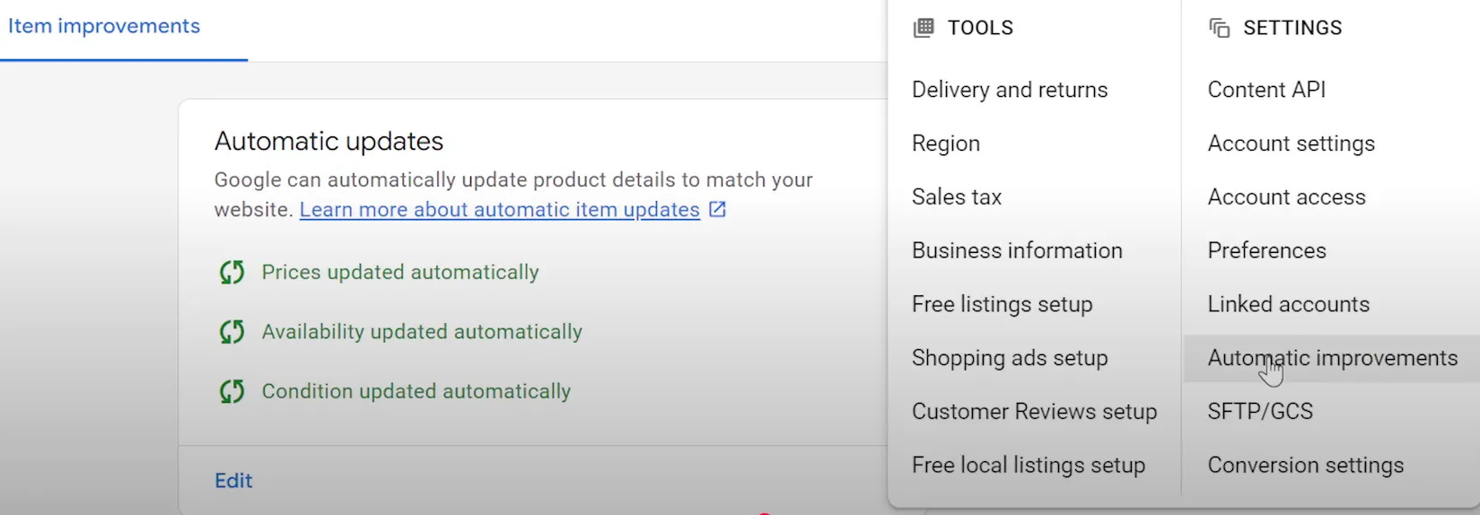 Enable Automatic Item Updates Google Ads