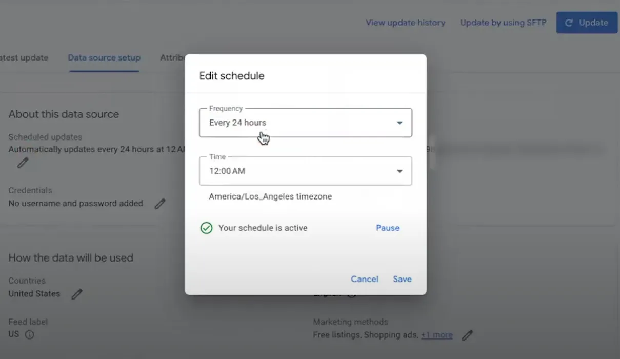 Maximise feed fetch frequency for Google Ads