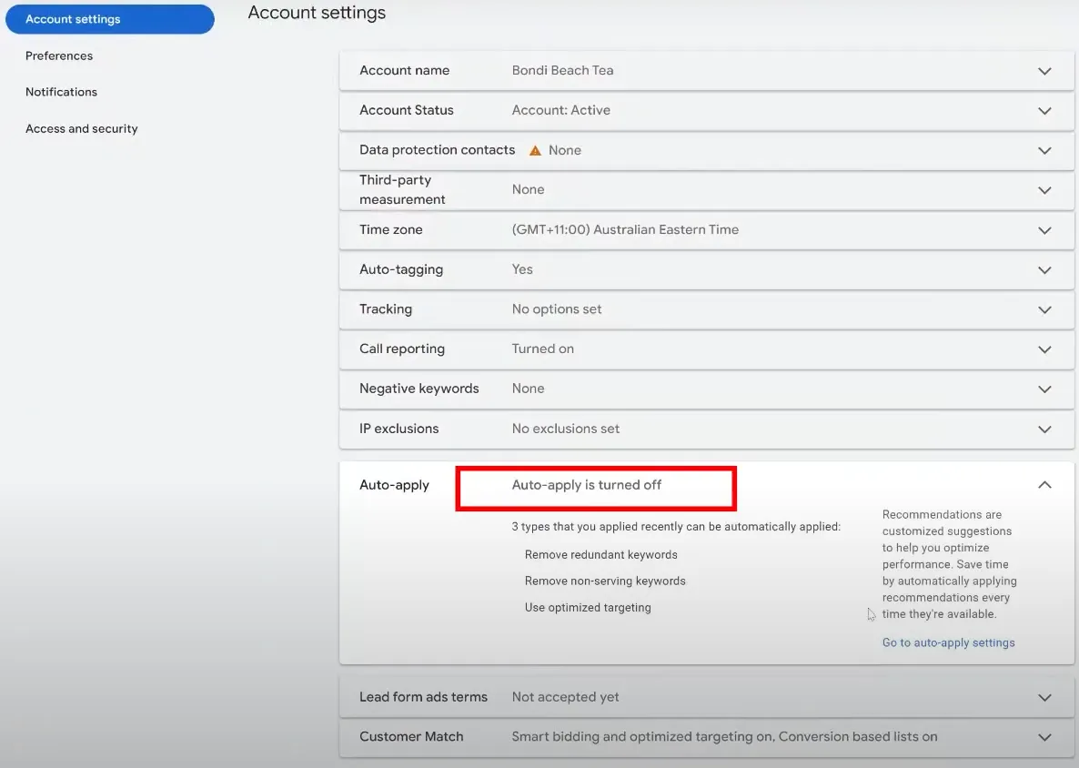 Turn off auto-apply recommendations Google Ads