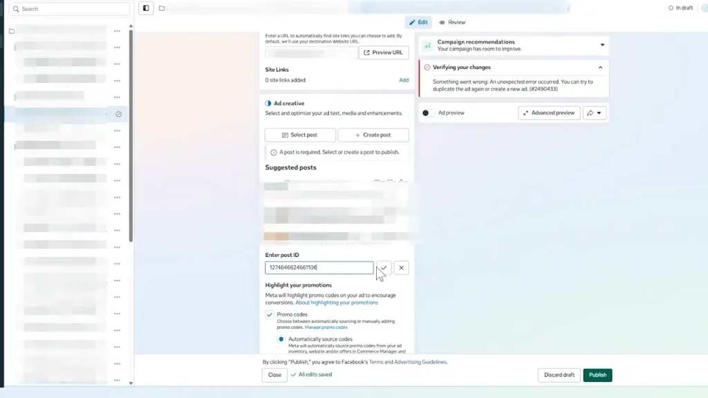 Copying Post ID Facebook Ads