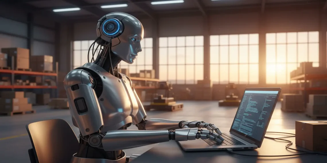Robot working at a laptop in an ecommerce warehouse