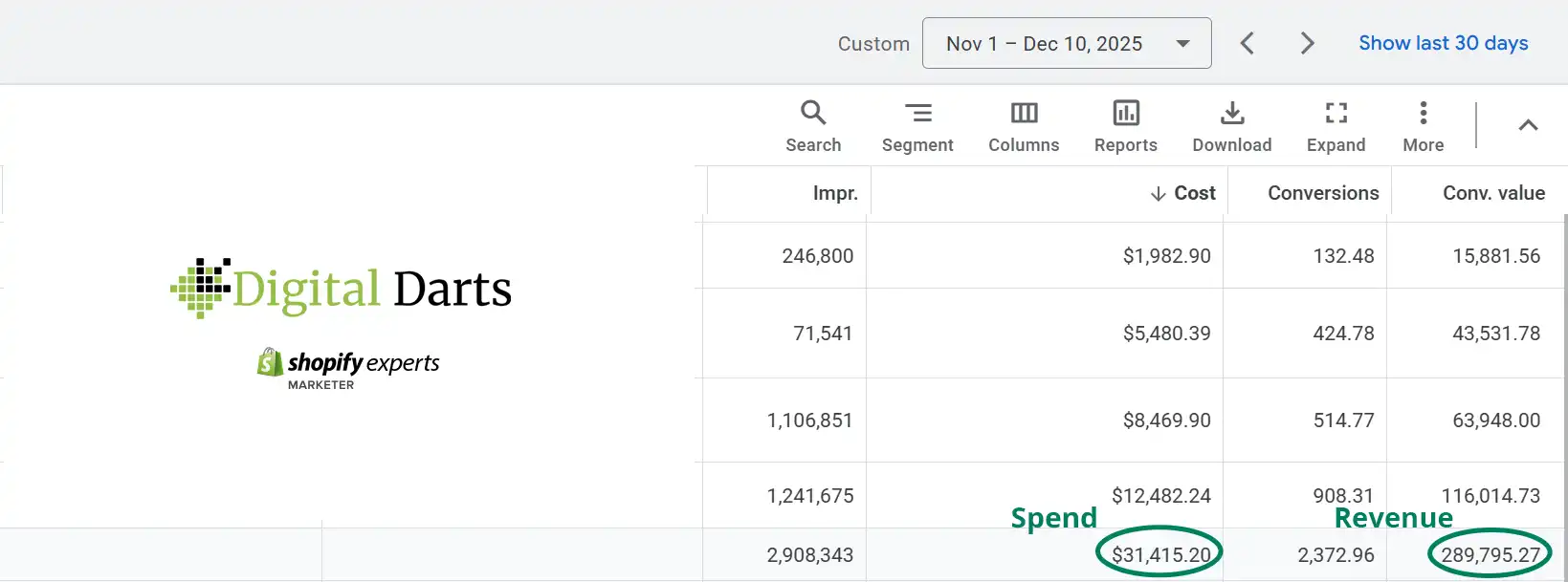 Google Ads $31.4k spend for $289.8k in sales 2025
