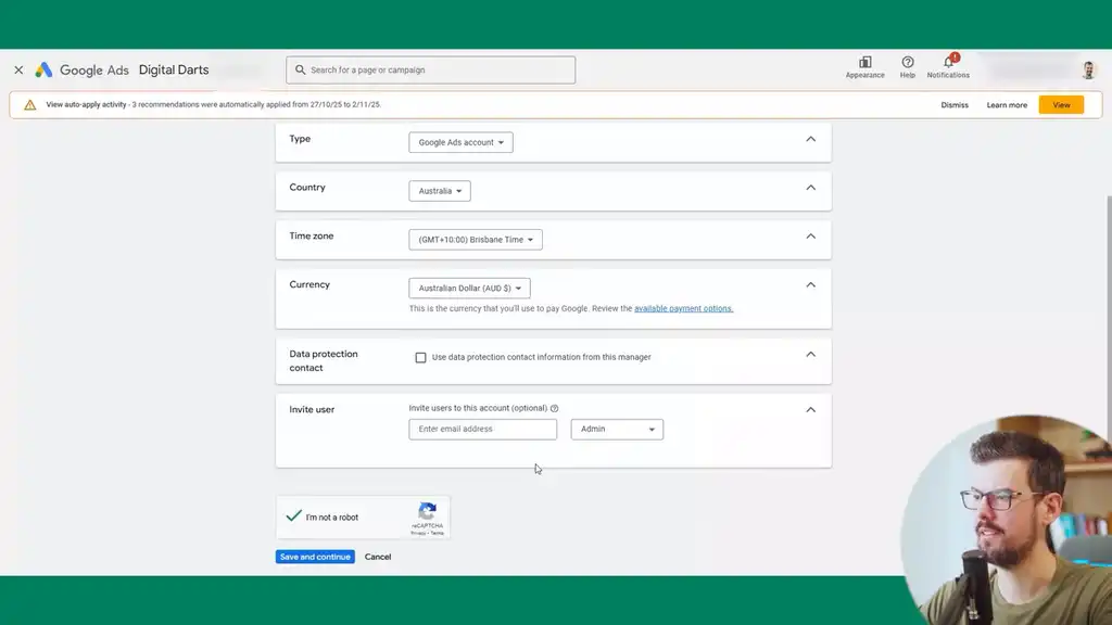 Save and continue to set up account